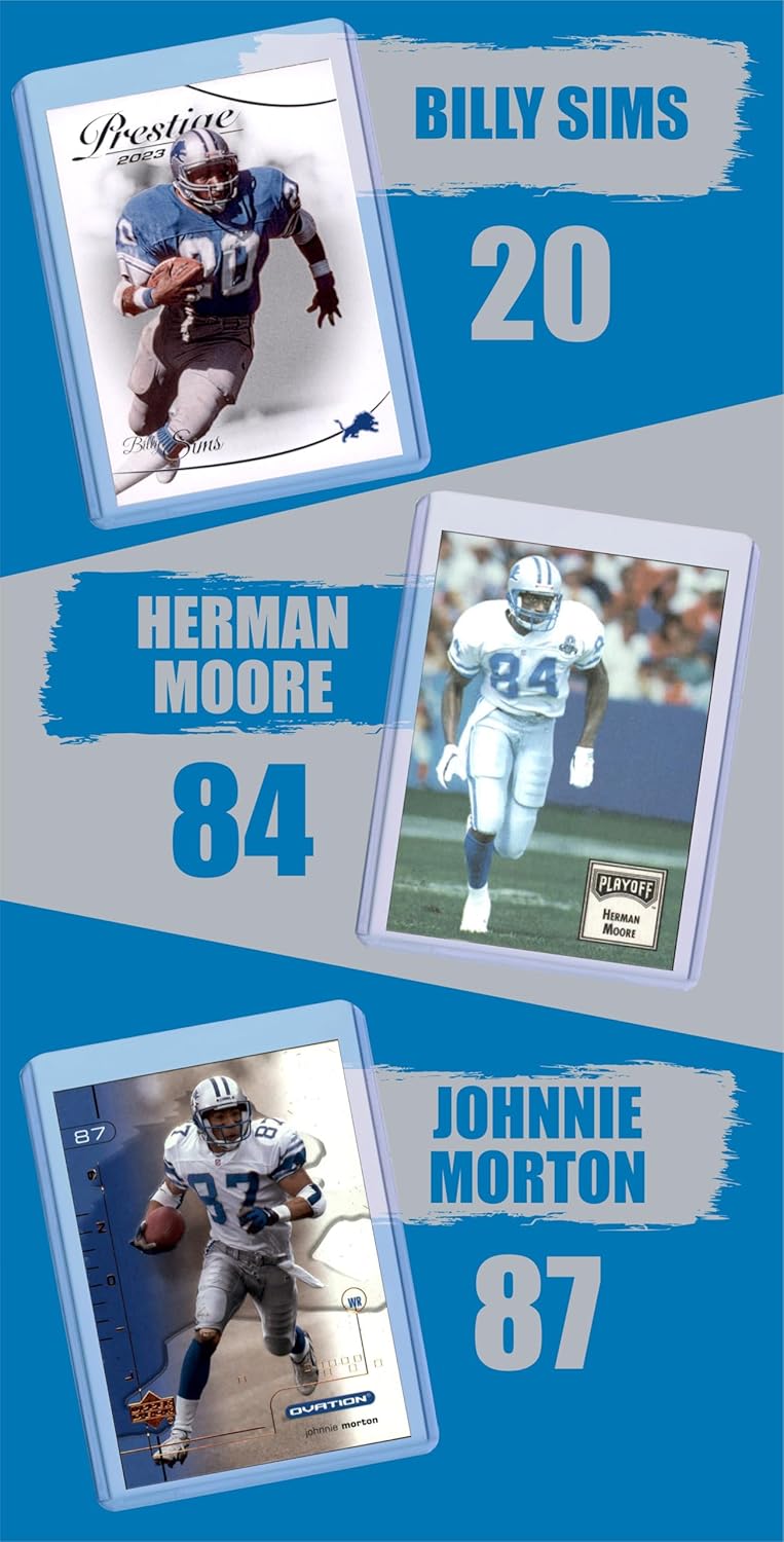 Chaser Detroit Lions Football Legends Cards: Barry Sanders, Calvin Johnson, Matthew Stafford, Billy Sims, Herman Moore, Johnnie Morton, Lem Barney, Alex Karras, Jared Goff, Jason Hansen (10) Assorted GOAT Card Hall of Fame Gift Pack - Image 3